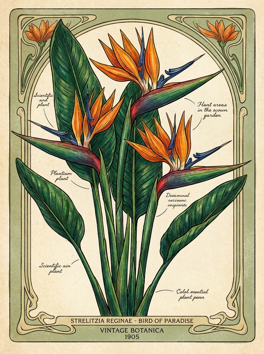 Art Nouveau botanical illustration of Strelitzia reginae, the bird of paradise flower