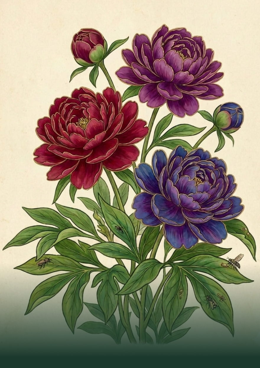 Botanical illustration of red, purple, and blue peonies