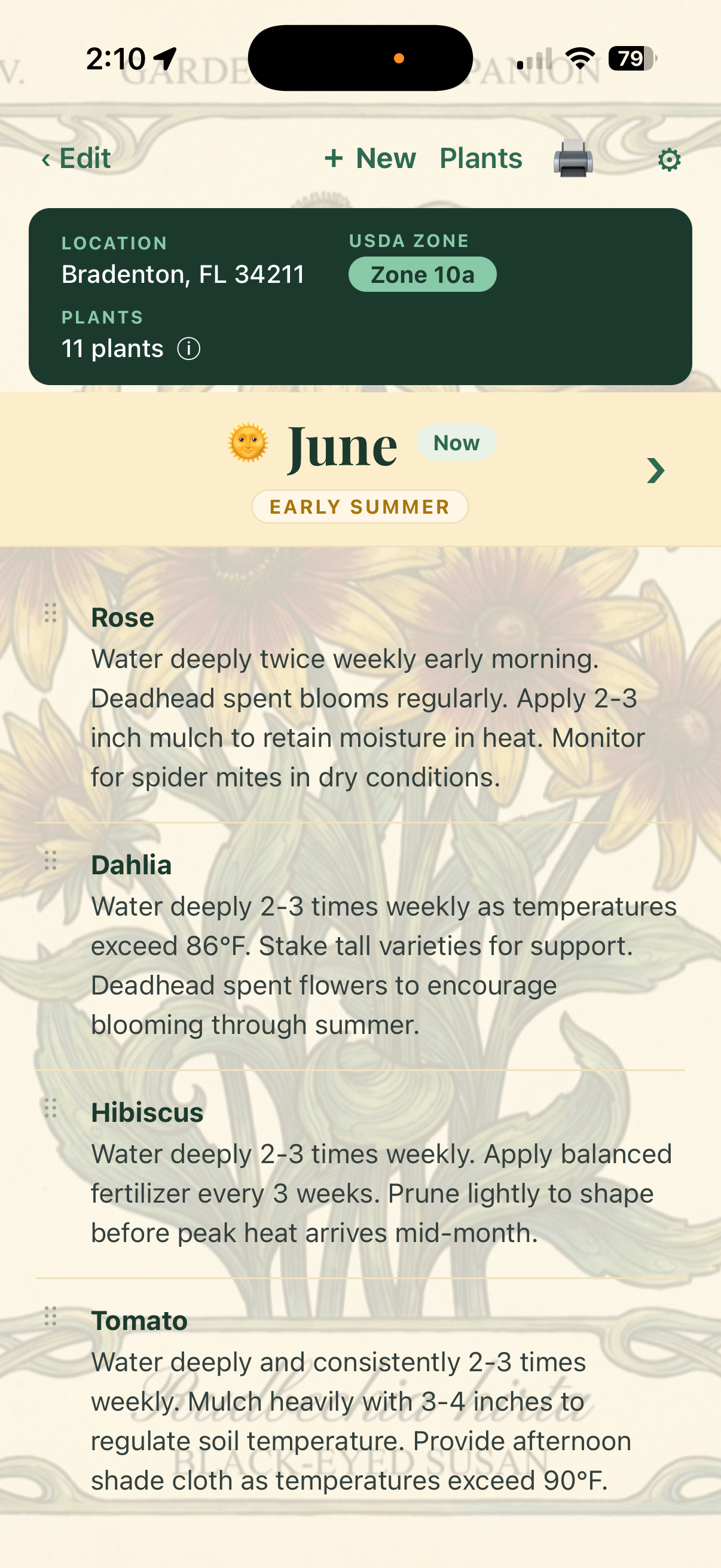 GardenCal calendar screen showing month-by-month care tasks for each plant over a botanical print background