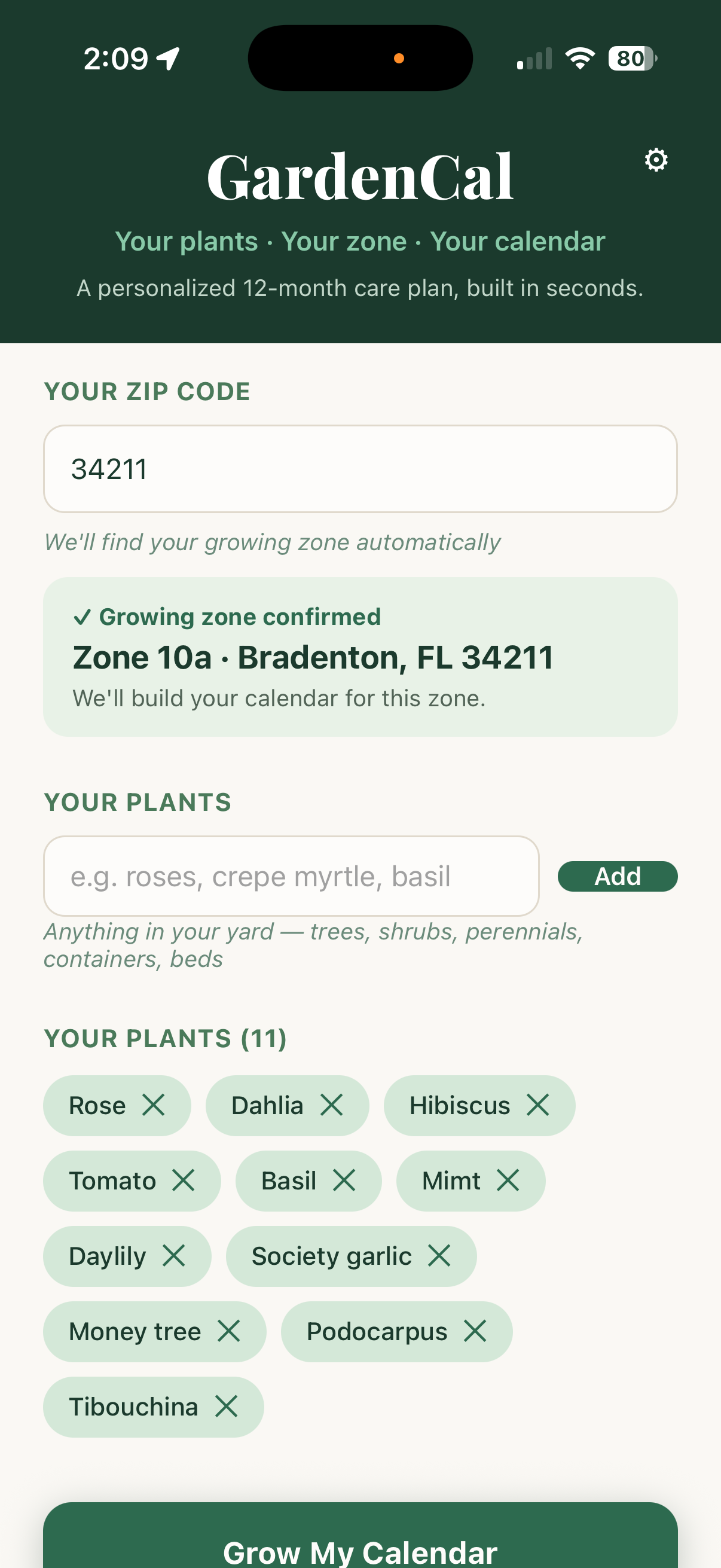 GardenCal plant entry screen showing a confirmed growing zone and a list of plants